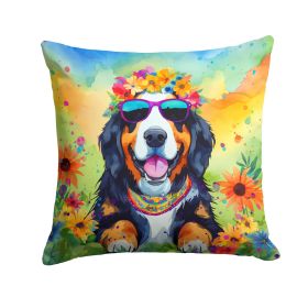 Bernese Mountain Dog Hippie Dawg Throw Pillow Machine Washable, Indoor Outdoor Decorative Pillow for Couch, Bed or Patio, 14Hx14W