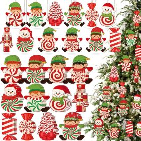 24Pcs Elves Christmas Tree Wooden Ornaments Candy Canes Design Ornament with Ropes Elf Snowman Soldier Santa Claus Penguin Gingerbread Decor for Home