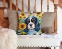 Cavalier Spaniel in Sunflowers Throw Pillow Machine Washable, Indoor Outdoor Decorative Pillow for Couch, Bed or Patio, 14Hx14W