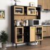 59" H Buffet Sideboard Cabinet with Storage Door & Power Outlet, Farmhouse Coffee Bar Cabinet with Wine Rack, Kitchen Pantry Living Room Black&Natural