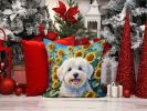 Coton de Tulear in Sunflowers Throw Pillow Machine Washable, Indoor Outdoor Decorative Pillow for Couch, Bed or Patio, 14Hx14W