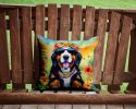 Bernese Mountain Dog Hippie Dawg Throw Pillow Machine Washable, Indoor Outdoor Decorative Pillow for Couch, Bed or Patio, 14Hx14W