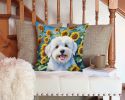 Coton de Tulear in Sunflowers Throw Pillow Machine Washable, Indoor Outdoor Decorative Pillow for Couch, Bed or Patio, 14Hx14W