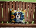 Cavalier Spaniel in Sunflowers Throw Pillow Machine Washable, Indoor Outdoor Decorative Pillow for Couch, Bed or Patio, 14Hx14W