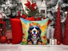 Bernese Mountain Dog Hippie Dawg Throw Pillow Machine Washable, Indoor Outdoor Decorative Pillow for Couch, Bed or Patio, 14Hx14W